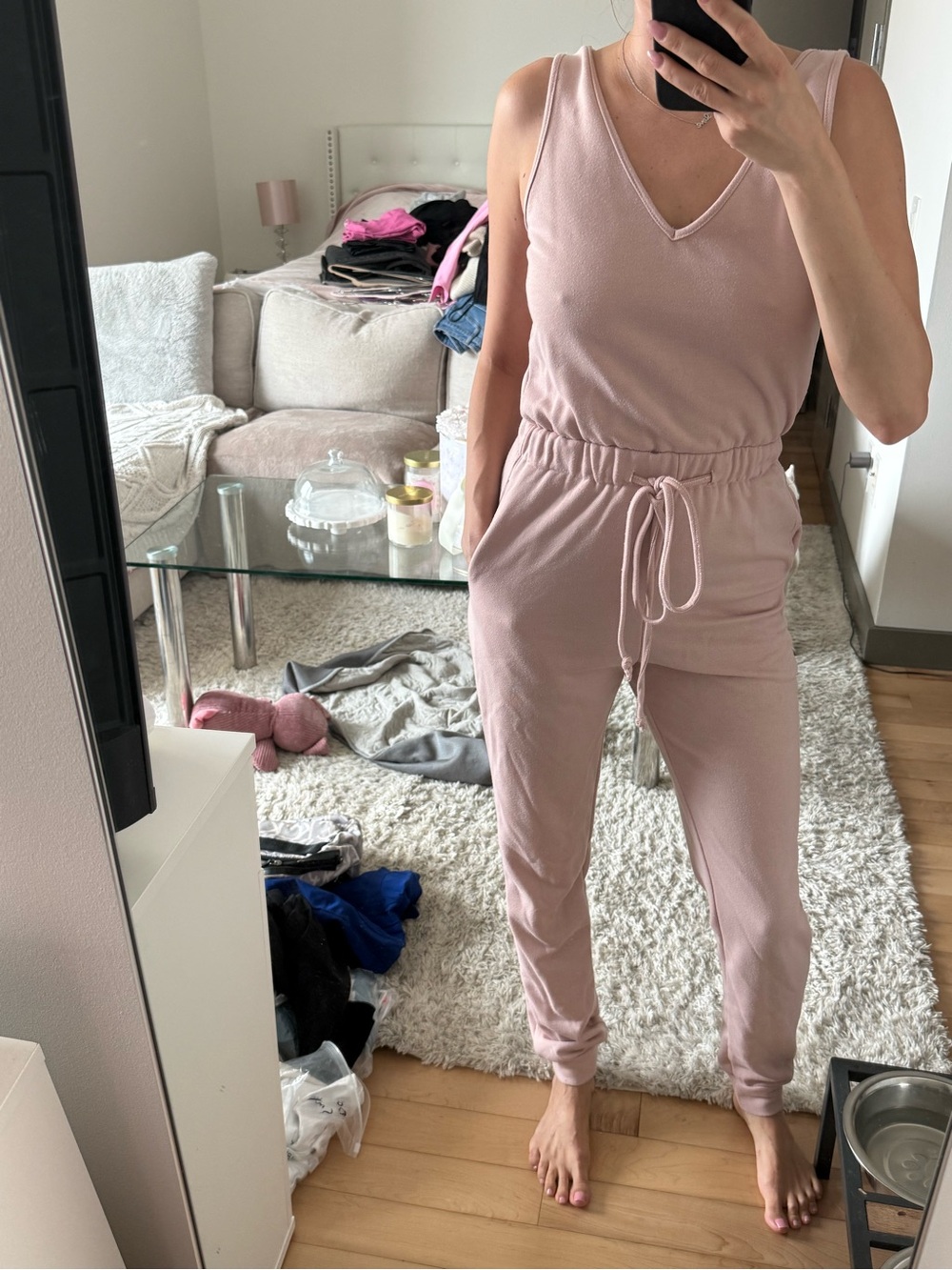 Fashion Nova Blush Pink V-Neck Sleeveless Drawstring Jumpsuit